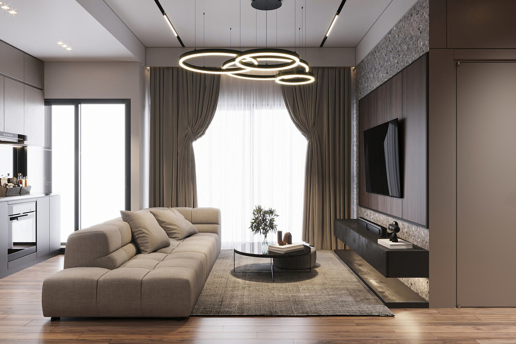 A modern living room with a low sofa and layered lighting
